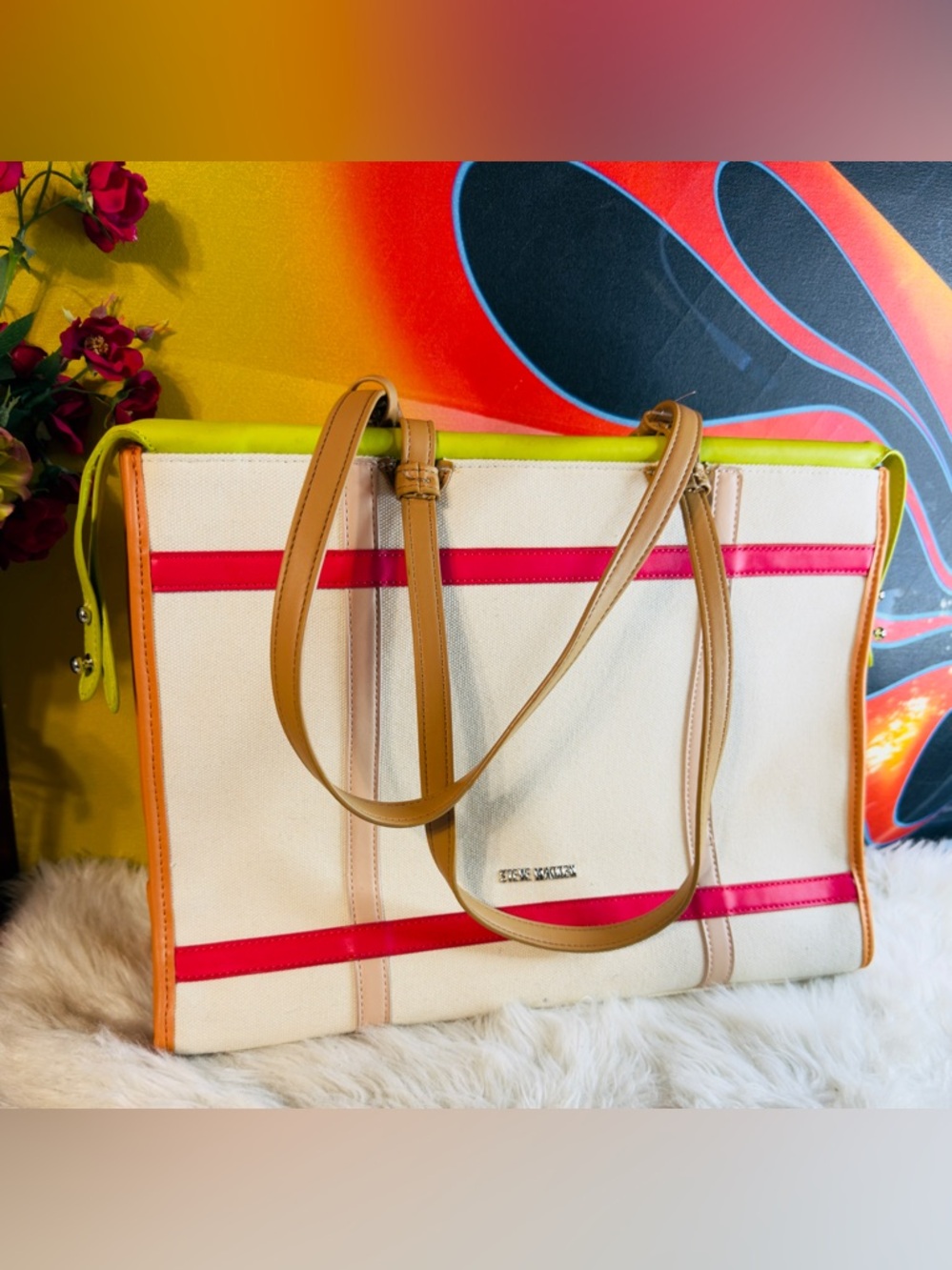 Steve Madden Cream Tote with Pink, Orange, and Purple Accents. (TXABIN) - Picture 4 of 6